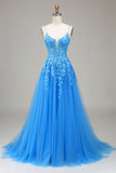 Robe de Soirée trapèze à bretelles spaghetti en tulle bleu avec appliques