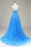 Robe de Soirée trapèze à bretelles spaghetti en tulle bleu avec appliques