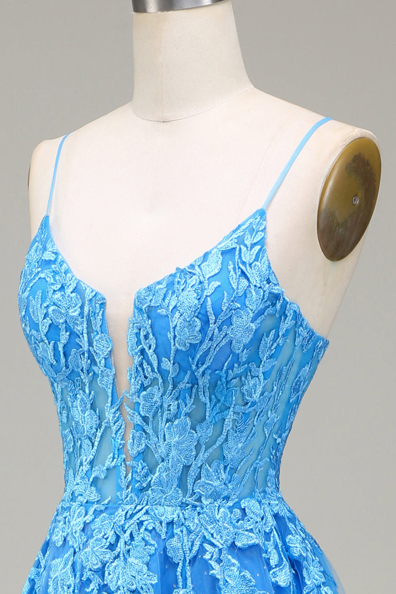 Charger l&#39;image dans la galerie, Robe de Soirée trapèze à bretelles spaghetti en tulle bleu avec appliques