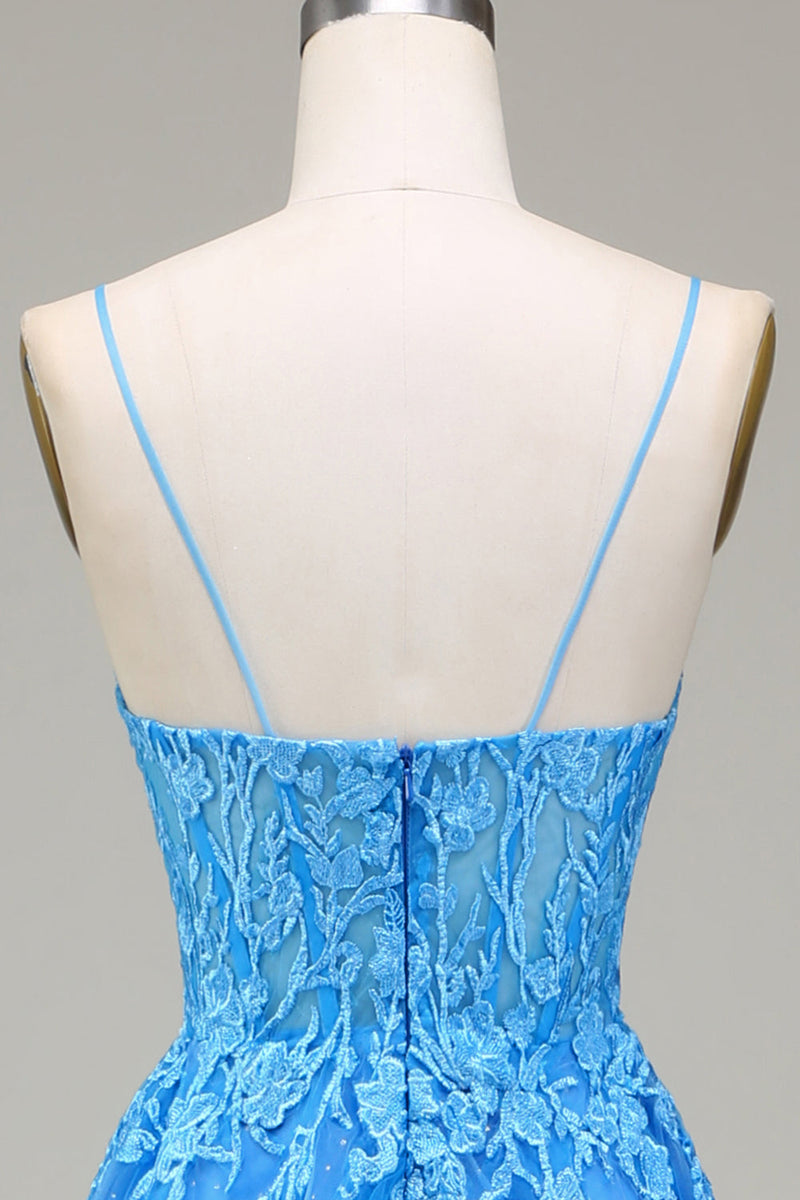 Charger l&#39;image dans la galerie, Robe de Soirée trapèze à bretelles spaghetti en tulle bleu avec appliques