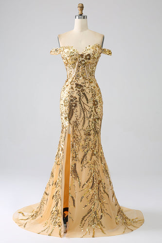Sirène scintillante à épaules dénudées robe de soirée corset doré avec fente