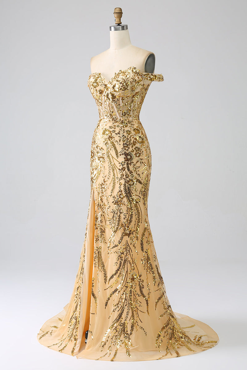 Charger l&#39;image dans la galerie, Sirène scintillante à épaules dénudées robe de soirée corset doré avec fente
