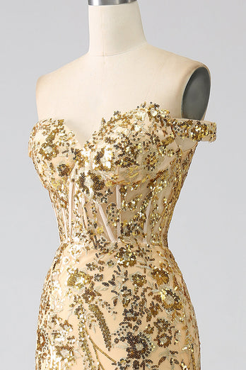 Sirène scintillante à épaules dénudées robe de soirée corset doré avec fente