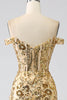 Charger l&#39;image dans la galerie, Sirène scintillante à épaules dénudées robe de soirée corset doré avec fente