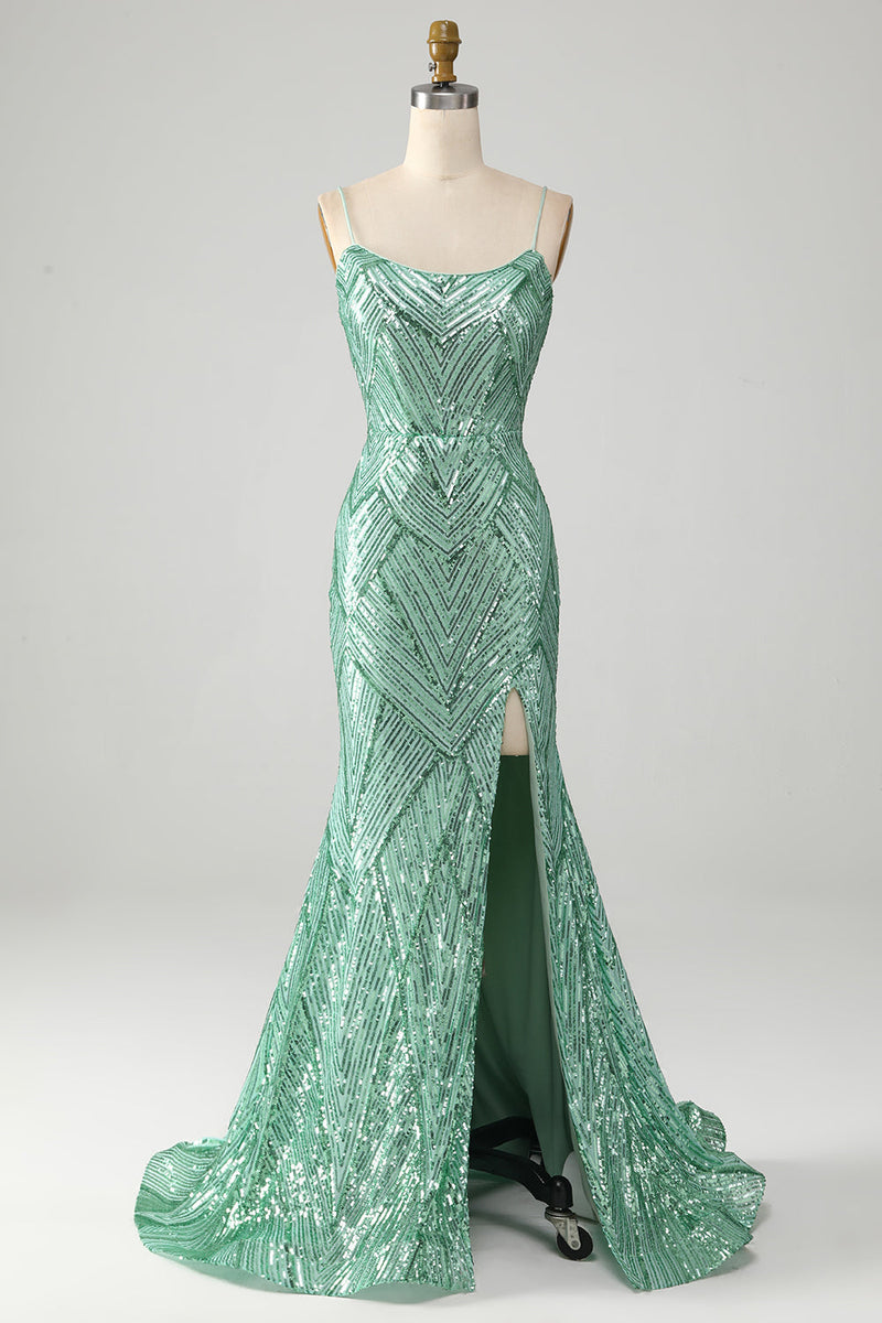 Charger l&#39;image dans la galerie, Paillettes vertes scintillantes Robe de soirée longue sirène à lacets dos avec fente