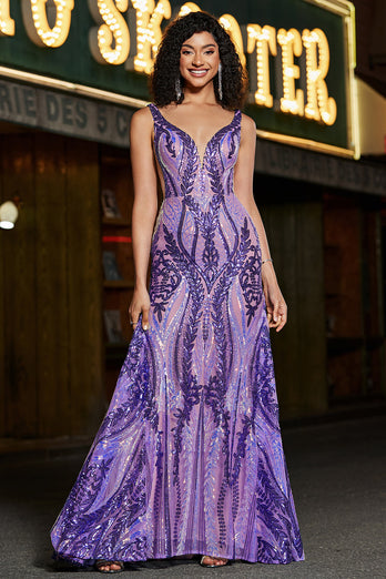 Brillante sirène col V violet foncé paillettes longue robe de soirée avec dos ouvert