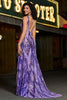 Charger l&#39;image dans la galerie, Brillante sirène col V violet foncé paillettes longue robe de soirée avec dos ouvert