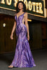 Charger l&#39;image dans la galerie, Brillante sirène col V violet foncé paillettes longue robe de soirée avec dos ouvert