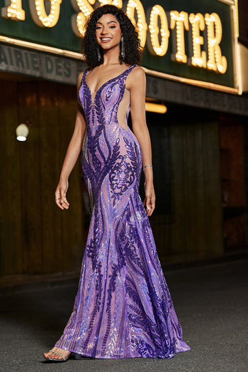 Brillante sirène col V violet foncé paillettes longue robe de soirée avec dos ouvert