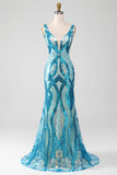 Robe de bal longue à paillettes à col en V sirène violet foncé