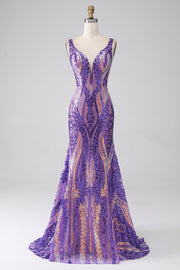 Robe de bal longue à paillettes à col en V sirène violet foncé