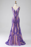 Robe de soirée sirène à col en V bleu pailleté avec paillettes