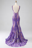Robe de bal longue à paillettes à col en V sirène violet foncé