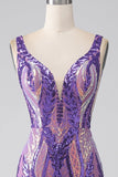 Robe de bal longue à paillettes à col en V sirène violet foncé