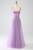 Robe de Soirée trapèze lilas à bretelles spaghetti longue corset