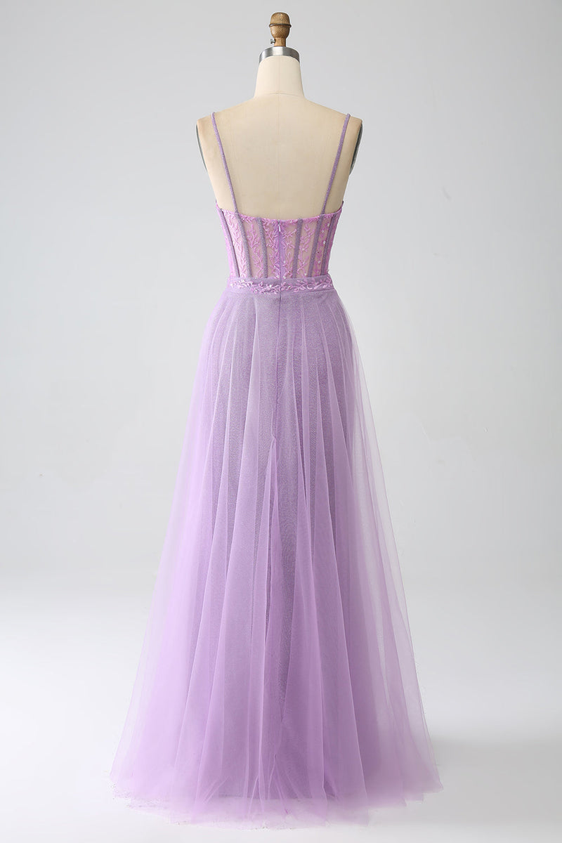 Charger l&#39;image dans la galerie, Robe de Soirée trapèze lilas à bretelles spaghetti longue corset