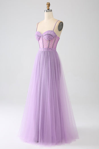Robe de Soirée trapèze lilas à bretelles spaghetti longue corset