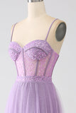 Robe de Soirée trapèze lilas à bretelles spaghetti longue corset