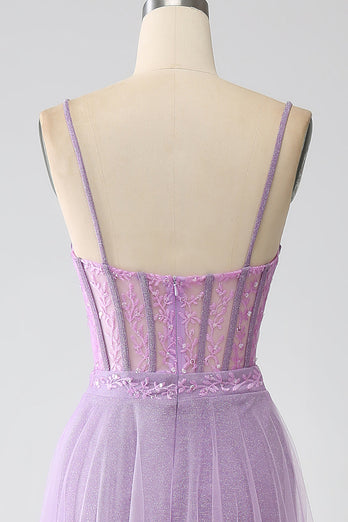 Robe de Soirée trapèze lilas à bretelles spaghetti longue corset