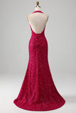 Fuchsia sirène licol sequin robe de soirée avec fente