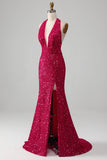 Fuchsia sirène licol sequin robe de soirée avec fente