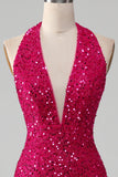 Fuchsia sirène licol sequin robe de soirée avec fente