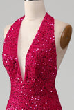 Fuchsia sirène licol sequin robe de soirée avec fente