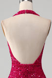 Fuchsia sirène licol sequin robe de soirée avec fente