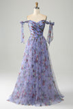 Robe de soirée longue à bretelles réglables imprimée trapèze bleue