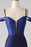 Robe de soirée longue Corset Corset marine scintillant avec fente