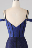 Robe de soirée longue Corset Corset marine scintillant avec fente