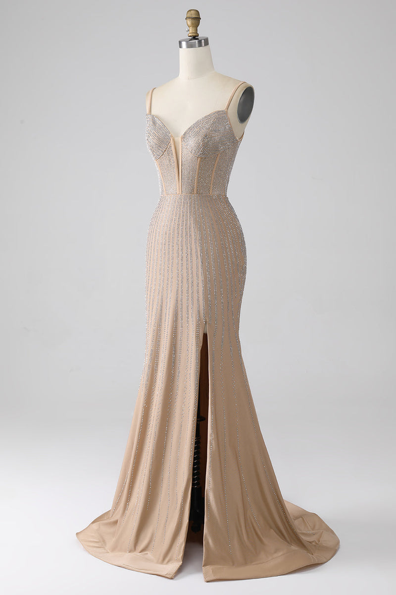Charger l&#39;image dans la galerie, Champagne scintillant sirène spaghetti bretelles longue robe de soirée avec fente