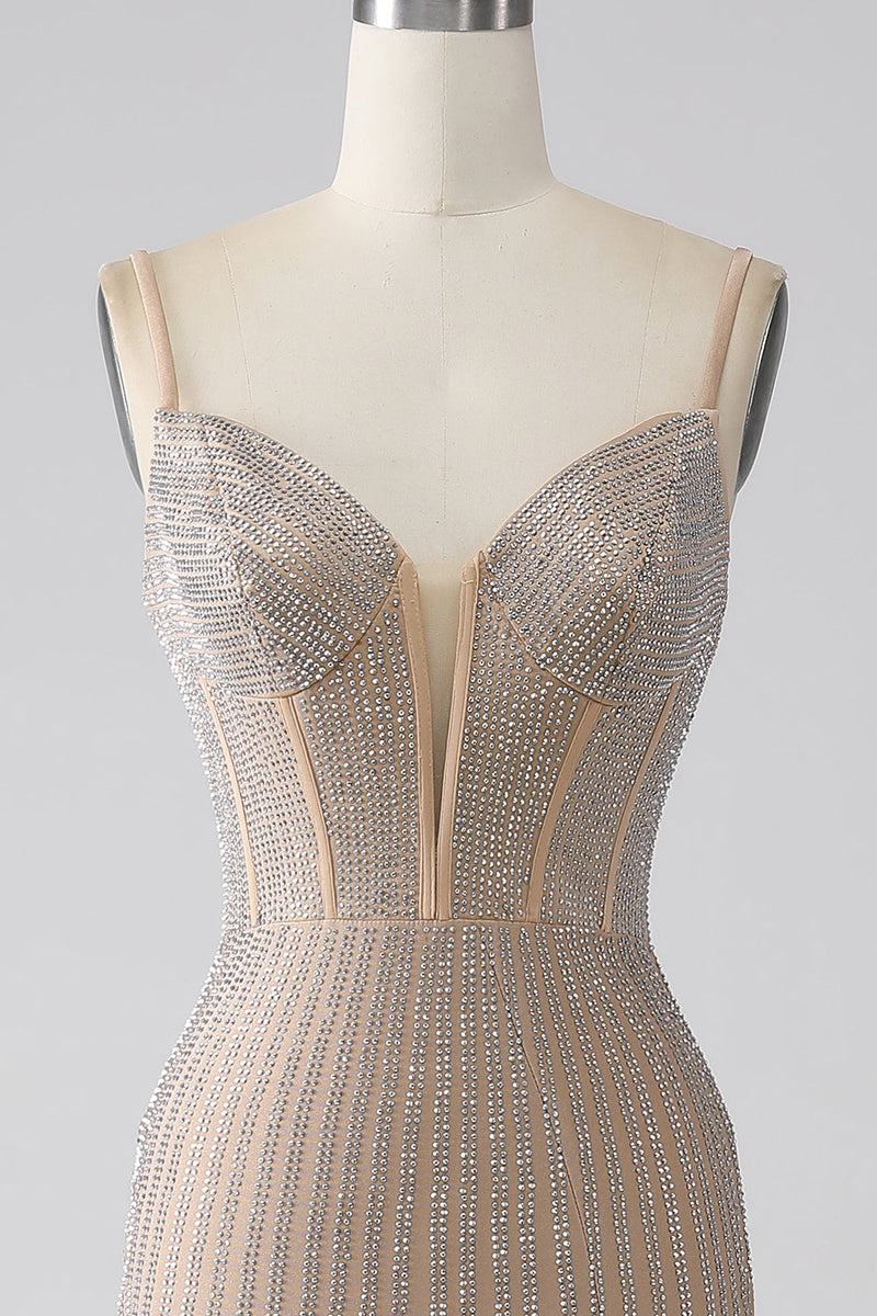 Charger l&#39;image dans la galerie, Champagne scintillant sirène spaghetti bretelles longue robe de soirée avec fente