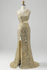Charger l&#39;image dans la galerie, Robe de Soirée à paillettes à franges à une épaule dorée avec fente