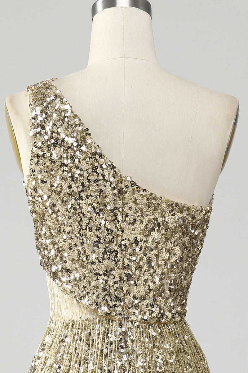 Charger l&#39;image dans la galerie, Robe de Soirée à paillettes à franges à une épaule dorée avec fente