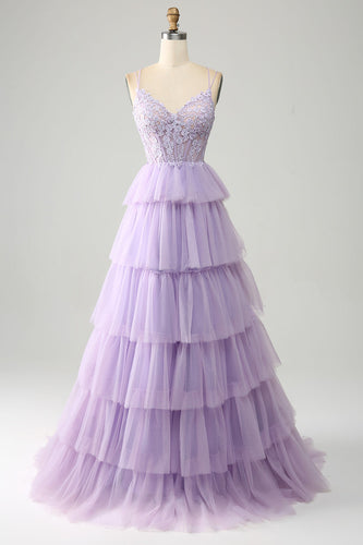 Tulle lilas à plusieurs niveaux princesse Corset robe de bal avec Appliques