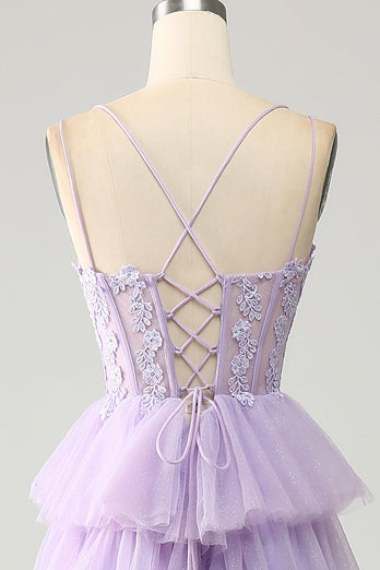 Tulle lilas à plusieurs niveaux princesse Corset robe de bal avec Appliques