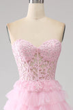 Robe de bal longue corset longue sans bretelles rose A-ligne