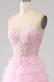 Robe de bal longue corset longue sans bretelles rose A-ligne