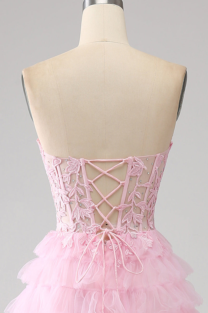Charger l&#39;image dans la galerie, Robe de bal longue corset longue sans bretelles rose A-ligne