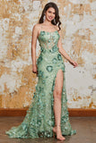 Spaghetti Bretelles Vert Sirène Corset Robe de soirée avec Appliques