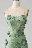 Sirène Spaghetti Bretelles Vert Corset Robe de soirée avec Appliques