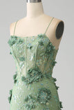 Sirène Spaghetti Bretelles Vert Corset Robe de soirée avec Appliques