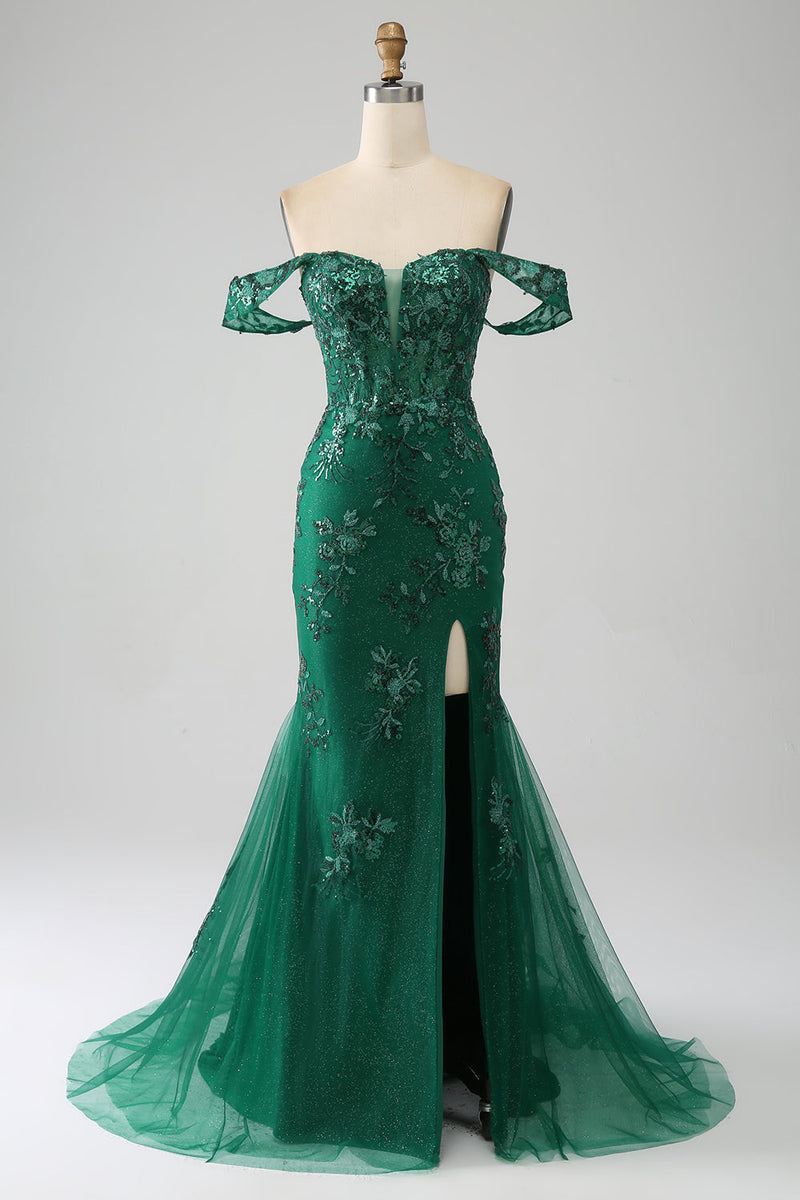 Charger l&#39;image dans la galerie, Sirène hors de l’épaule robe de soirée vert foncé avec appliques