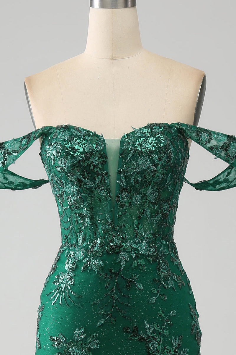 Charger l&#39;image dans la galerie, Sirène hors de l’épaule robe de soirée vert foncé avec appliques