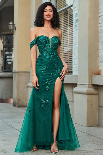 Élégante sirène hors de l’épaule robe de soirée corset vert foncé avec fente devant