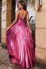 Charger l&#39;image dans la galerie, Rose vif A-ligne Spaghetti Bretelles Plissé Brillant Robe de soirée avec fente