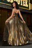 Charger l&#39;image dans la galerie, Robe de soirée plissée scintillante à bretelles spaghetti dorées avec fente