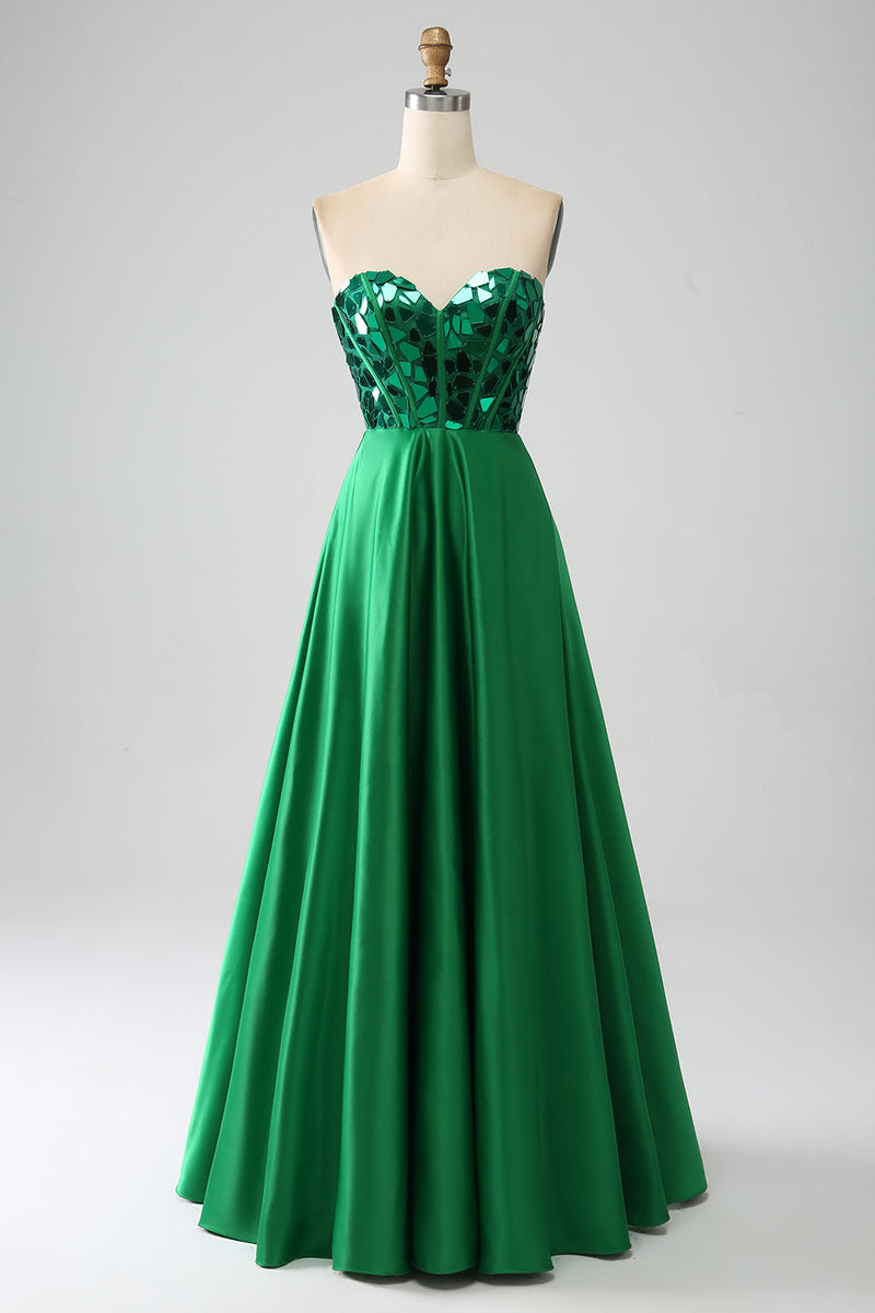 Charger l&#39;image dans la galerie, A-ligne chérie corset vert foncé robe de soirée