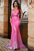 Charger l&#39;image dans la galerie, Robe de soirée sirène paillettes rose vif avec taille perlée